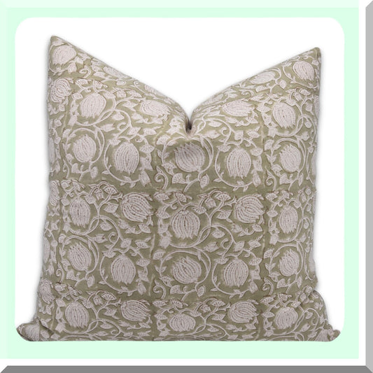 Boho Block Print Duck Canvas Cotton Throw Pillow Covers - Set of 6 Kamal, Light Green - 22x22 Home Decor Accents