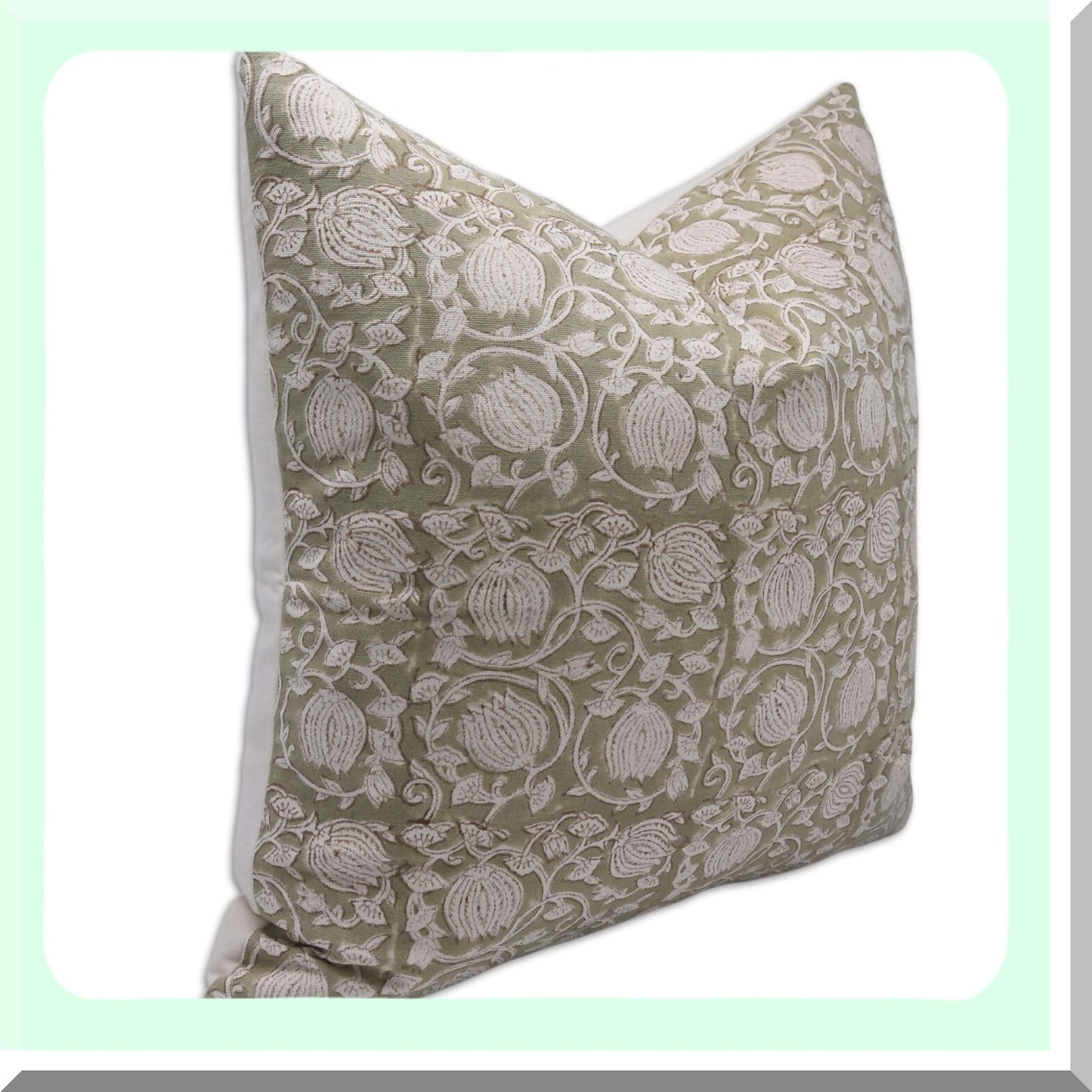 Boho Block Print Duck Canvas Cotton Throw Pillow Covers - Set of 6 Kamal, Light Green - 22x22 Home Decor Accents