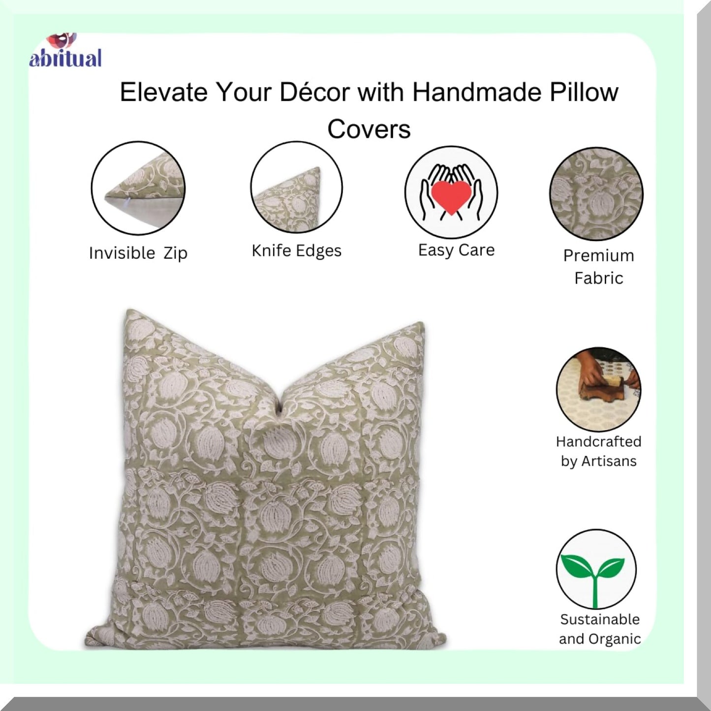 Boho Block Print Duck Canvas Cotton Throw Pillow Covers - Set of 6 Kamal, Light Green - 22x22 Home Decor Accents