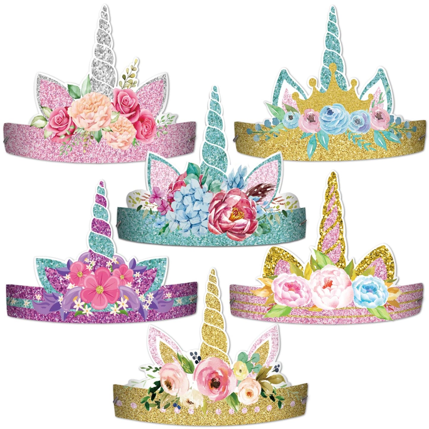Unicorn Crown Party Hats - 12 Pack of Gold & Silver Horn Headbands for Girls - Birthday Decorations & Favor Supplies - 6 Unique Styles
