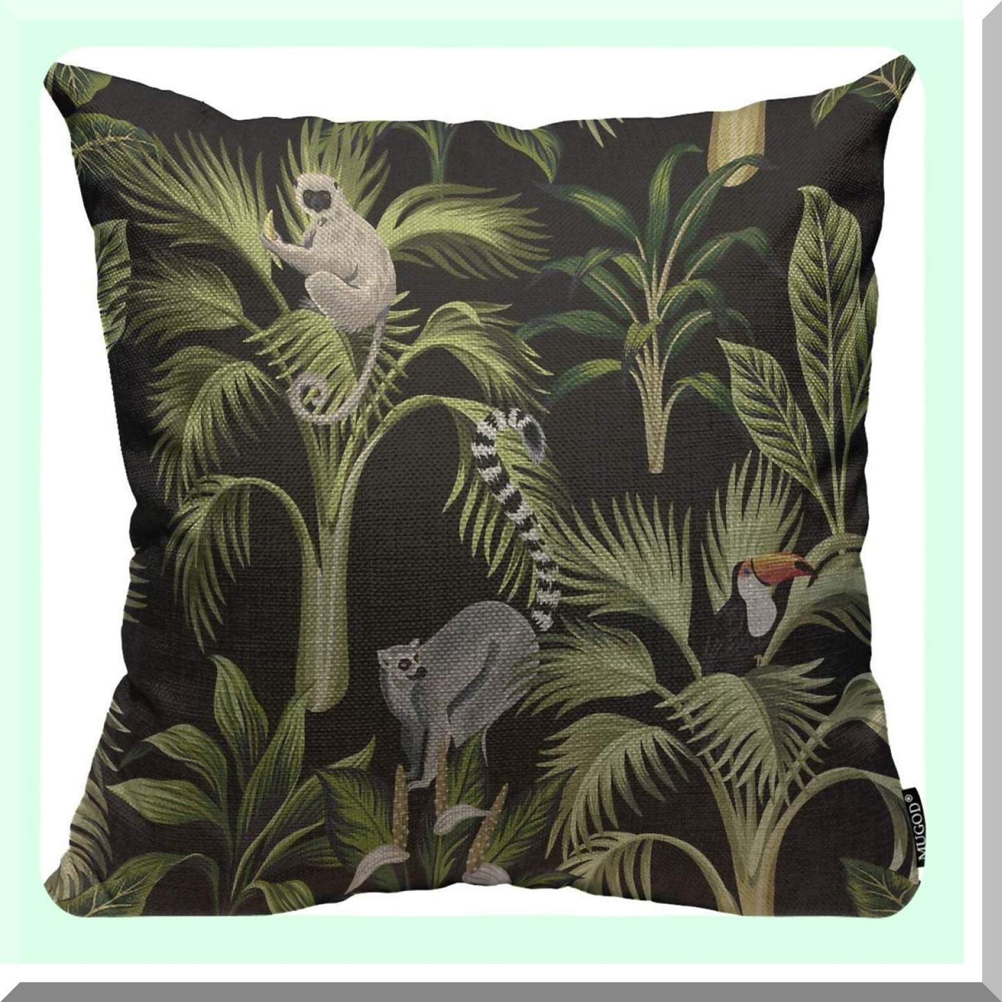 Tropical Paradise Decorative Pillow Cover - Palm Trees, Lemur, Sloth, Toucan & Bird Square Cushion Case for Home Bedroom Living Room - 18x18 Inch Floral Throw Pillow