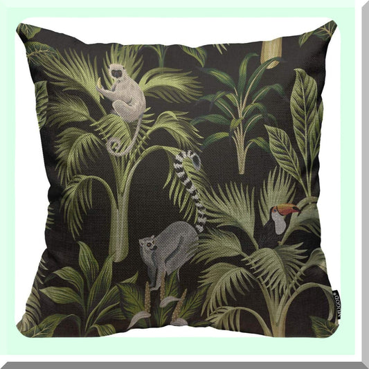 Tropical Paradise Decorative Pillow Cover - Palm Trees, Lemur, Sloth, Toucan & Bird Square Cushion Case for Home Bedroom Living Room - 18x18 Inch Floral Throw Pillow