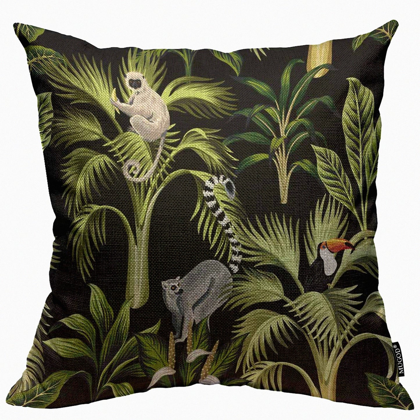 Tropical Paradise Decorative Pillow Cover - Palm Trees, Lemur, Sloth, Toucan & Bird Square Cushion Case for Home Bedroom Living Room - 18x18 Inch Floral Throw Pillow