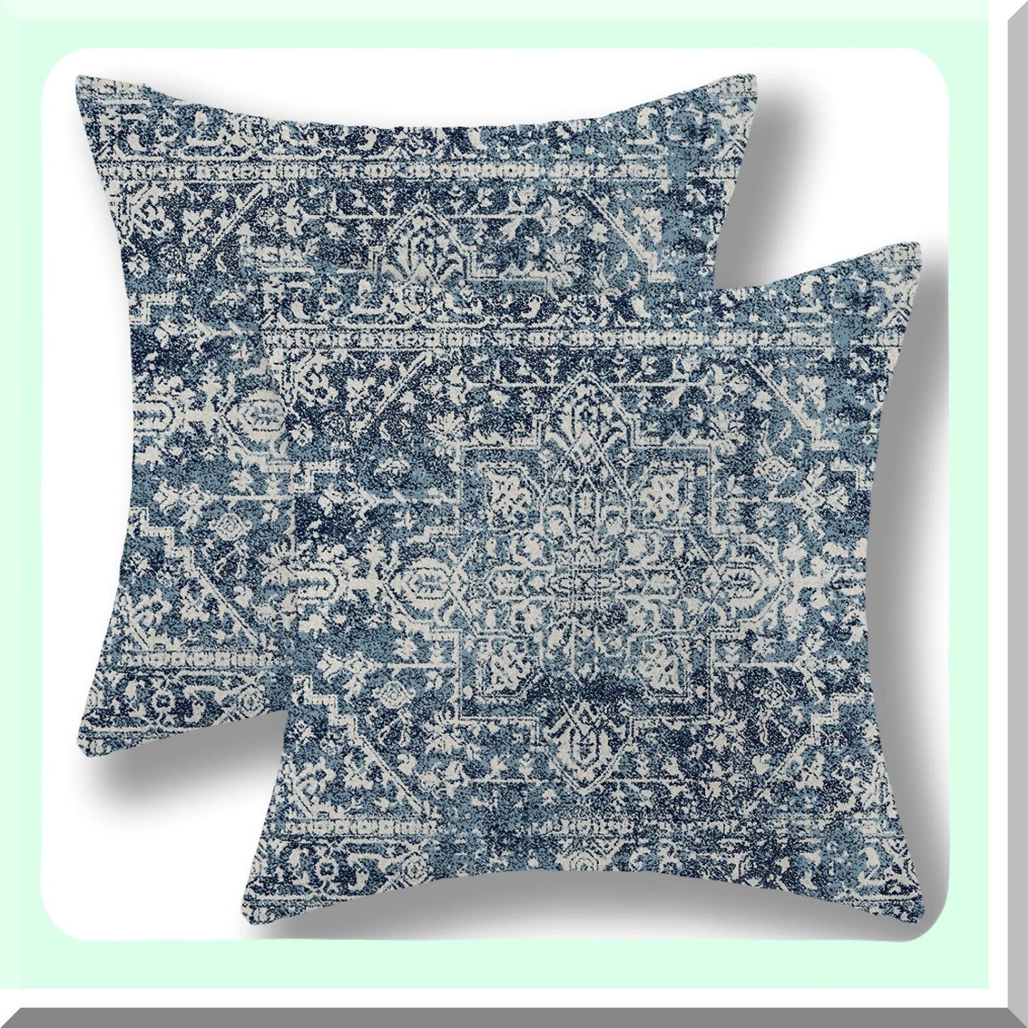 Blue Boho Farmhouse Pillow Covers - Set of 2, 20x20 Ethnic Carpet Throw Pillow Cases for Couch Sofa, Bohemian Style Linen Cushion Covers for Outdoor Home Decor