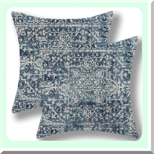 Blue Boho Farmhouse Pillow Covers - Set of 2, 20x20 Ethnic Carpet Throw Pillow Cases for Couch Sofa, Bohemian Style Linen Cushion Covers for Outdoor Home Decor