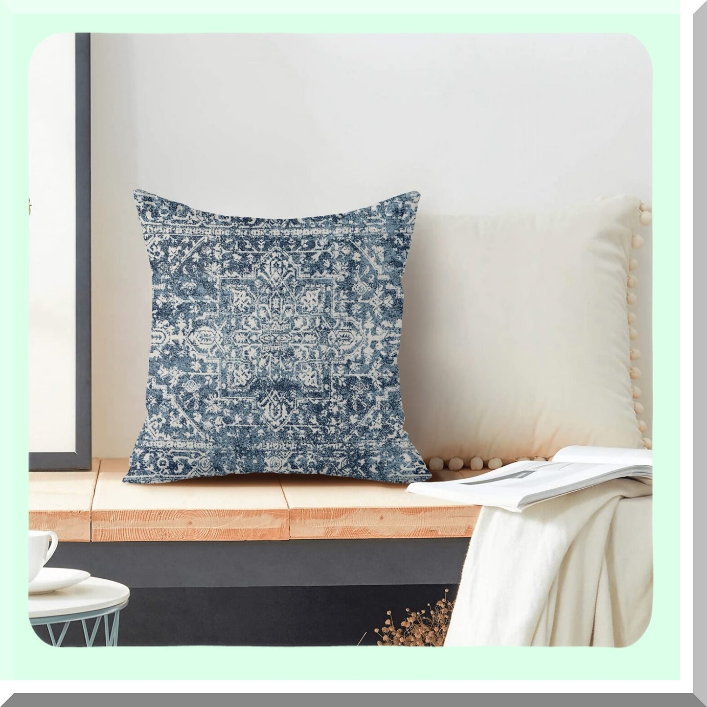 Blue Boho Farmhouse Pillow Covers - Set of 2, 20x20 Ethnic Carpet Throw Pillow Cases for Couch Sofa, Bohemian Style Linen Cushion Covers for Outdoor Home Decor