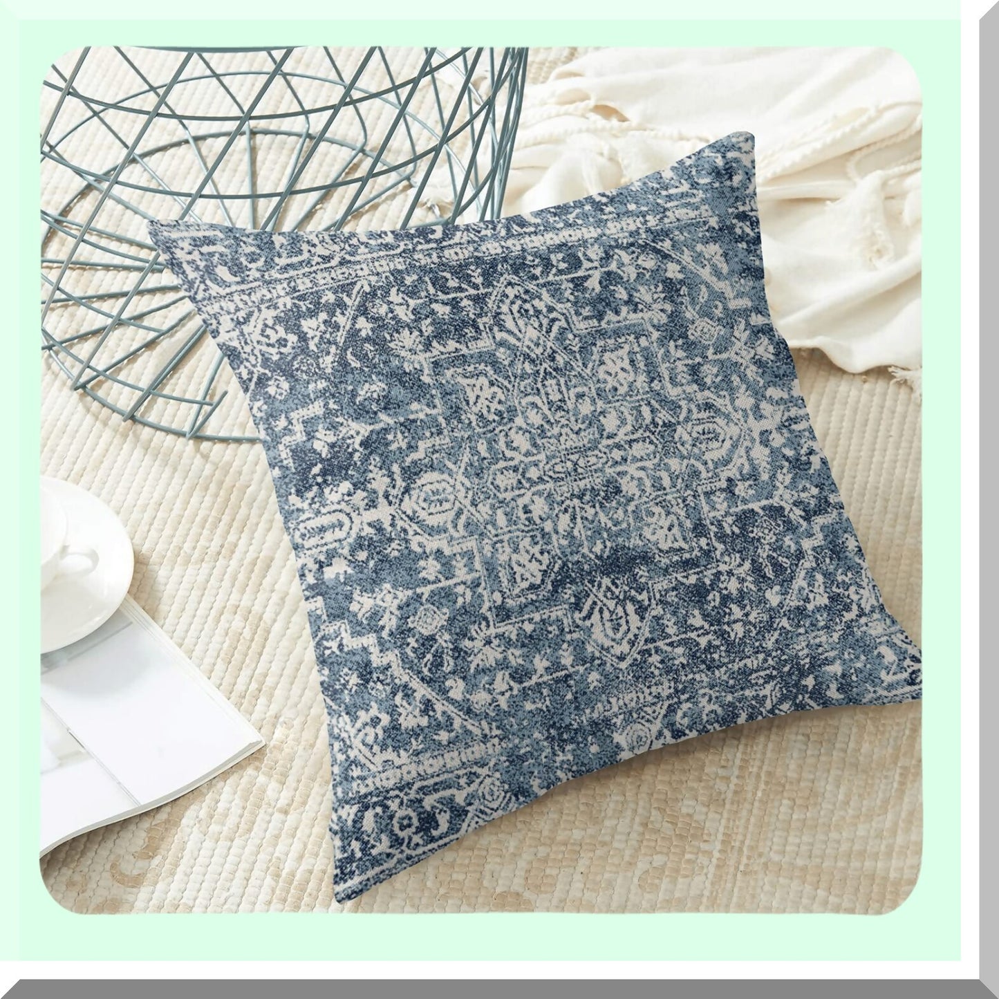 Blue Boho Farmhouse Pillow Covers - Set of 2, 20x20 Ethnic Carpet Throw Pillow Cases for Couch Sofa, Bohemian Style Linen Cushion Covers for Outdoor Home Decor