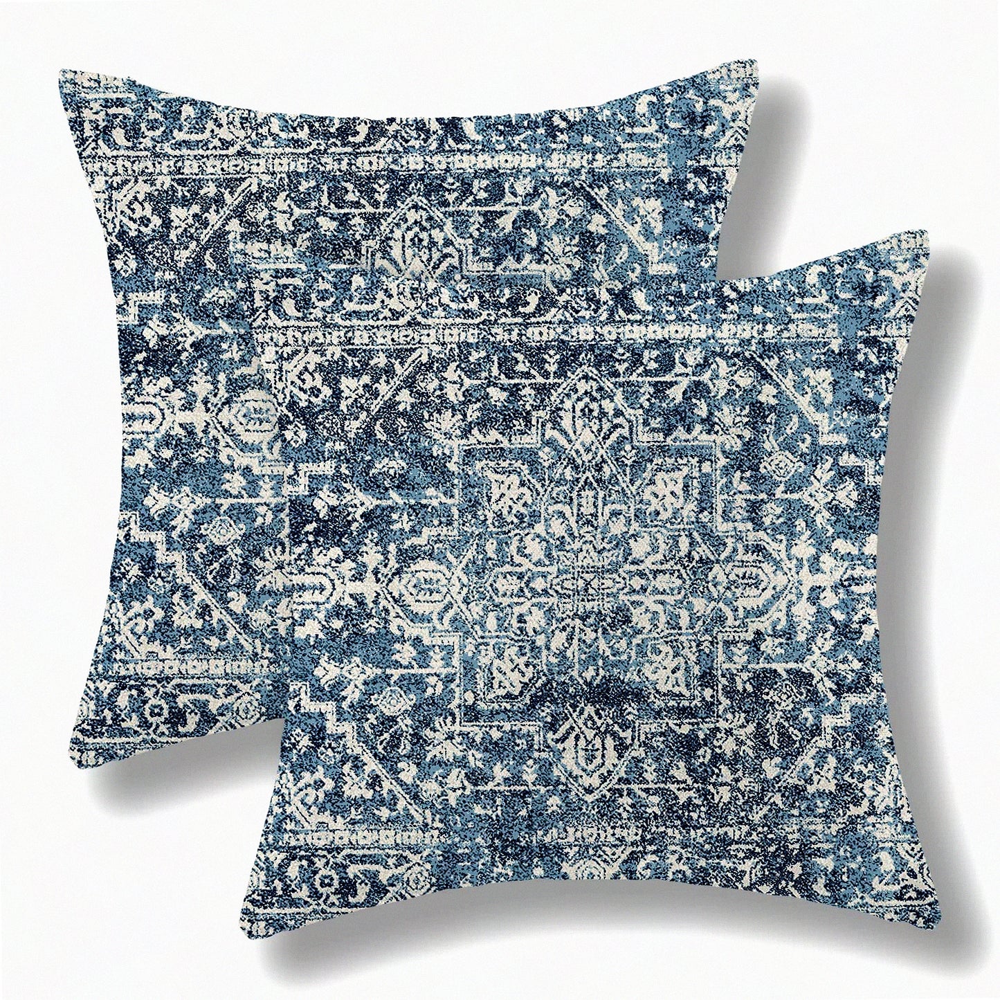 Blue Boho Farmhouse Pillow Covers - Set of 2, 20x20 Ethnic Carpet Throw Pillow Cases for Couch Sofa, Bohemian Style Linen Cushion Covers for Outdoor Home Decor