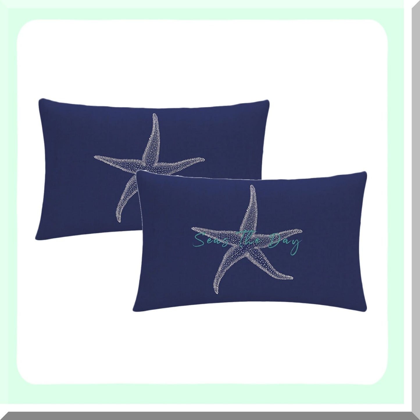 Starfish Shoreline Throw Pillow Cover - Coastal Sea Theme Decorative Cushion Set - Navy Blue Beach House Pillowcases - 12" x 20" Rectangular/Waist