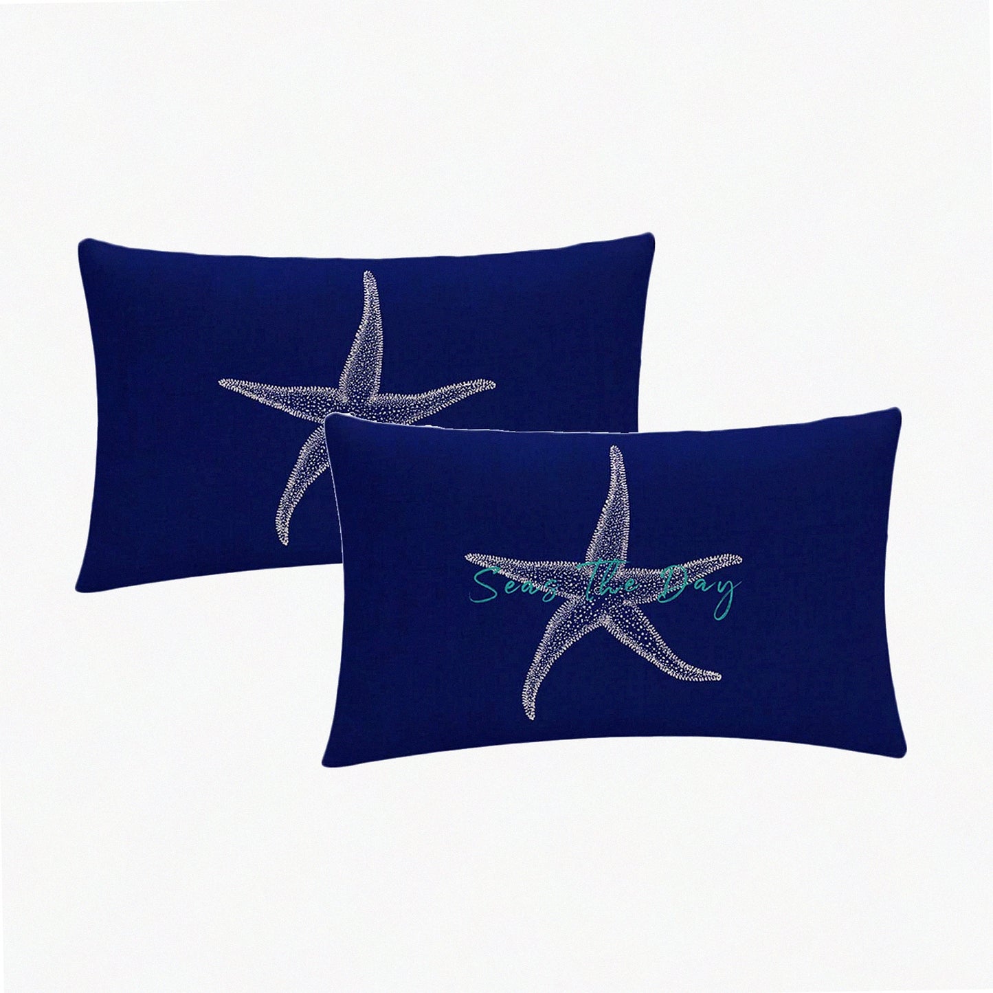 Starfish Shoreline Throw Pillow Cover - Coastal Sea Theme Decorative Cushion Set - Navy Blue Beach House Pillowcases - 12" x 20" Rectangular/Waist