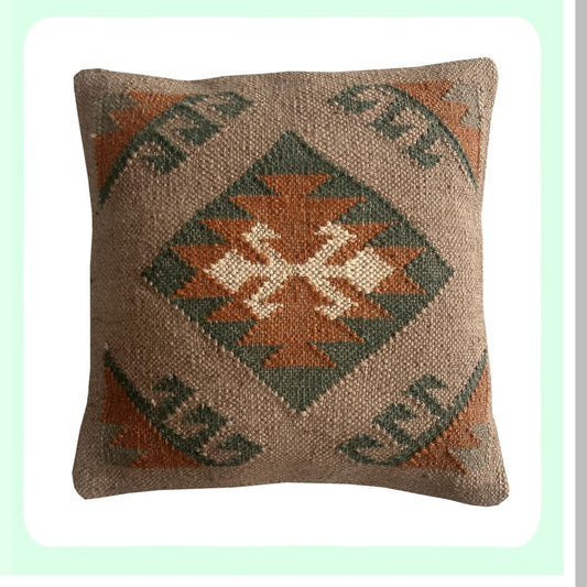 Boho Wool Jute Kilim Square Pillowcase - Vintage Ethnic Decorative Cushion Cover for Outdoor 18X18 Pillows