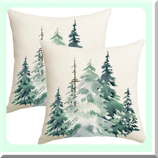 Nature's Seasons Tree Pillow Covers - Set of 2 | Dark Green Forest Decorative Cushion Cases 18x18 | Farmhouse Linen Outdoor Pillows for Couch & Bed | Winter & Summer Home Decor