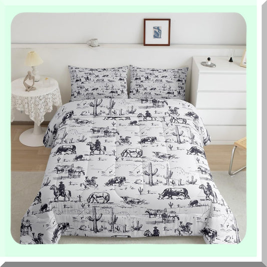Desert Cowboy Twin Comforter Set - Western Cactus Bedding with Black and White Cow Print - Soft Duvet Set for a Cozy Bed - 2 Piece Bed Set