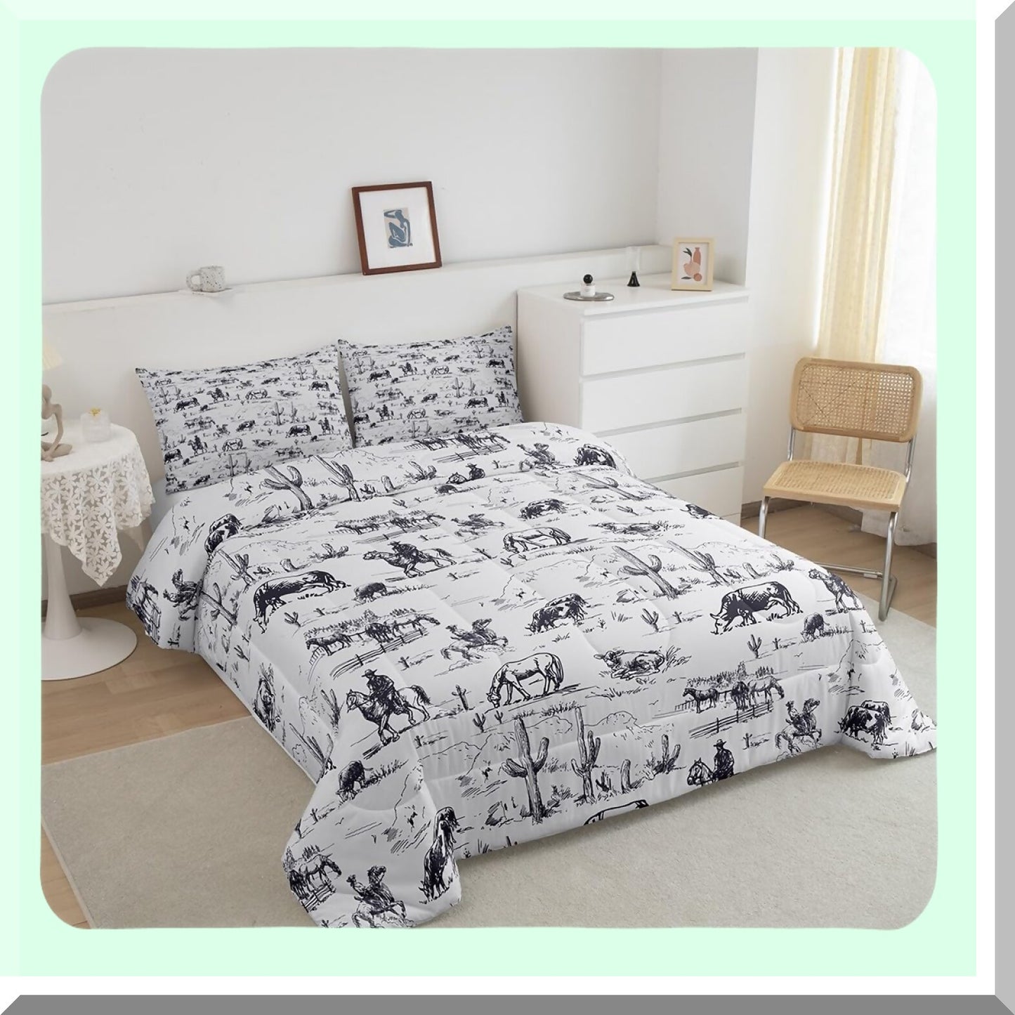 Desert Cowboy Twin Comforter Set - Western Cactus Bedding with Black and White Cow Print - Soft Duvet Set for a Cozy Bed - 2 Piece Bed Set