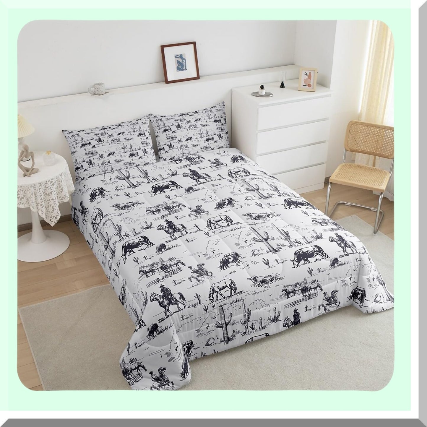 Desert Cowboy Twin Comforter Set - Western Cactus Bedding with Black and White Cow Print - Soft Duvet Set for a Cozy Bed - 2 Piece Bed Set