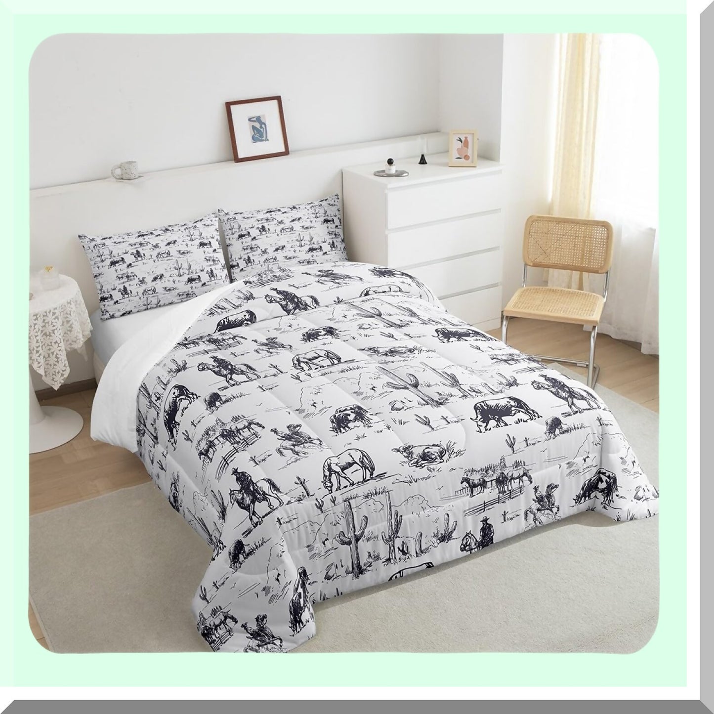 Desert Cowboy Twin Comforter Set - Western Cactus Bedding with Black and White Cow Print - Soft Duvet Set for a Cozy Bed - 2 Piece Bed Set