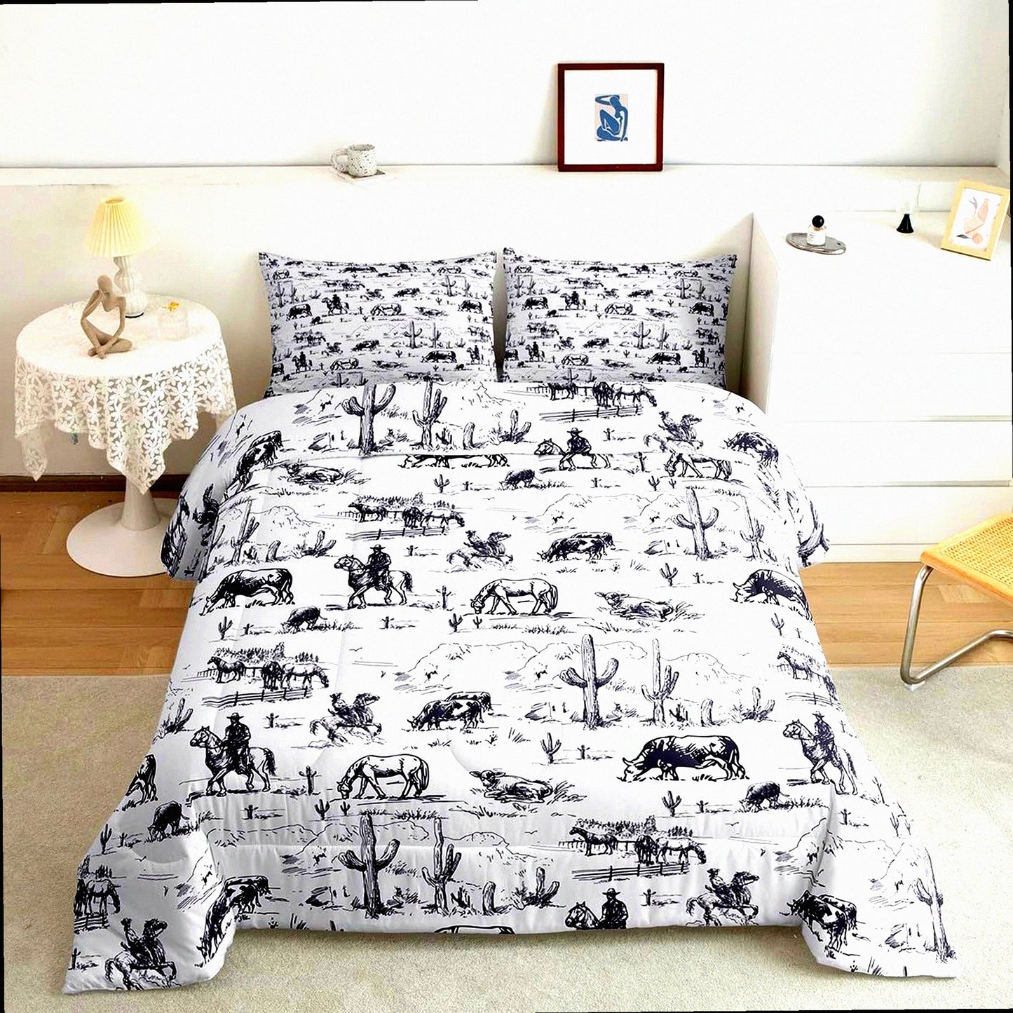 Desert Cowboy Twin Comforter Set - Western Cactus Bedding with Black and White Cow Print - Soft Duvet Set for a Cozy Bed - 2 Piece Bed Set