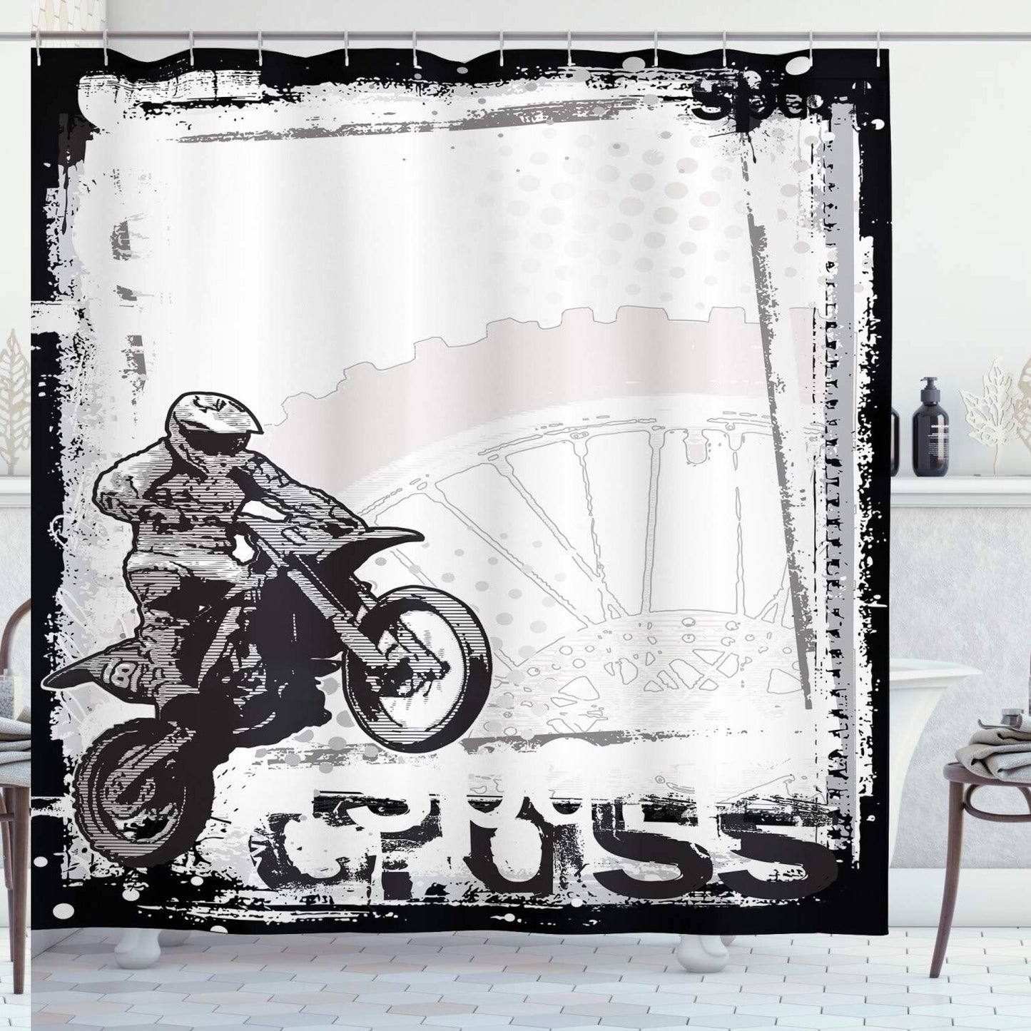 Motorcycle Shower Curtain Black White 69x70 inches