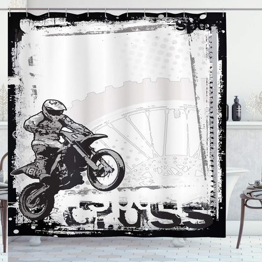 Motorcycle Shower Curtain Black White 69x70 inches
