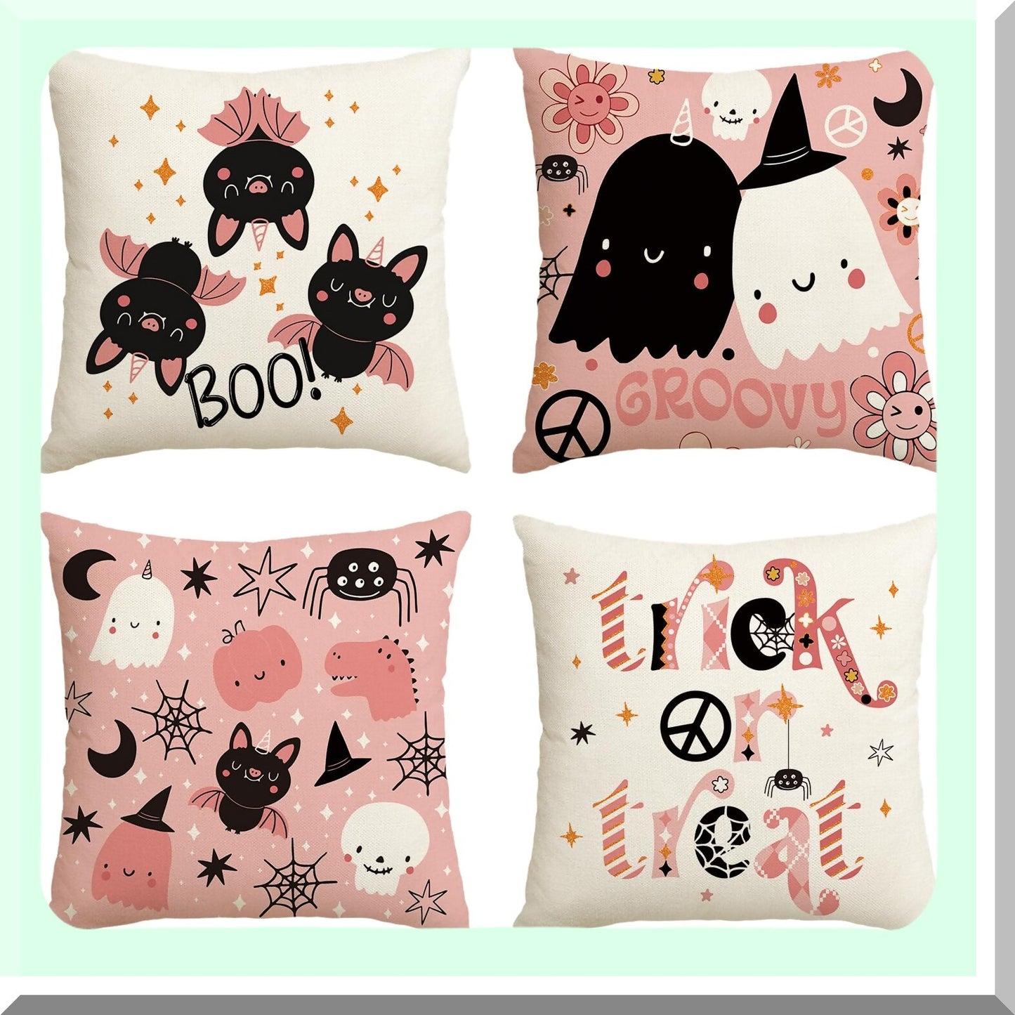 Spooky Chic Halloween Pillow Covers - Set of 4, 18 x 18 Inch Ghost Skeleton Bat Cushion Cases for Sofa, Trick or Treat Pink Throw Pillow Covers