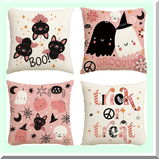 Spooky Chic Halloween Pillow Covers - Set of 4, 18 x 18 Inch Ghost Skeleton Bat Cushion Cases for Sofa, Trick or Treat Pink Throw Pillow Covers