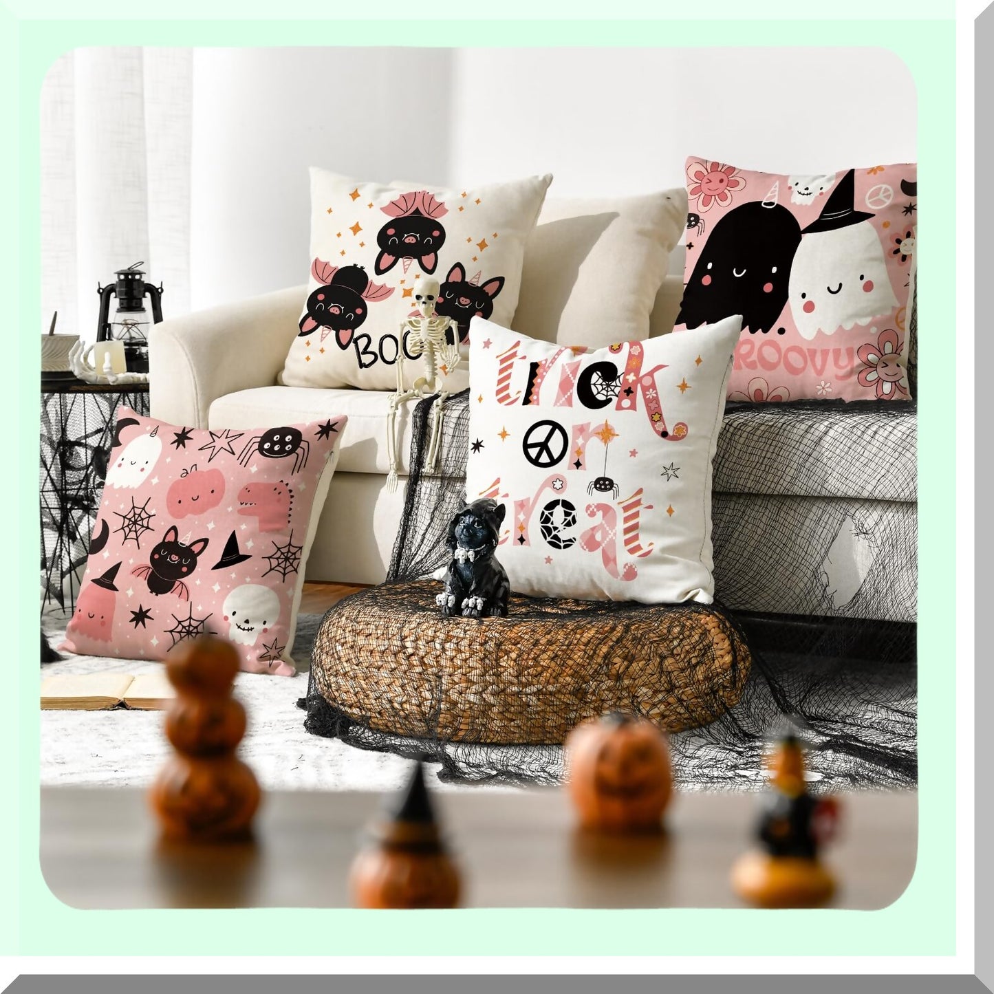 Spooky Chic Halloween Pillow Covers - Set of 4, 18 x 18 Inch Ghost Skeleton Bat Cushion Cases for Sofa, Trick or Treat Pink Throw Pillow Covers