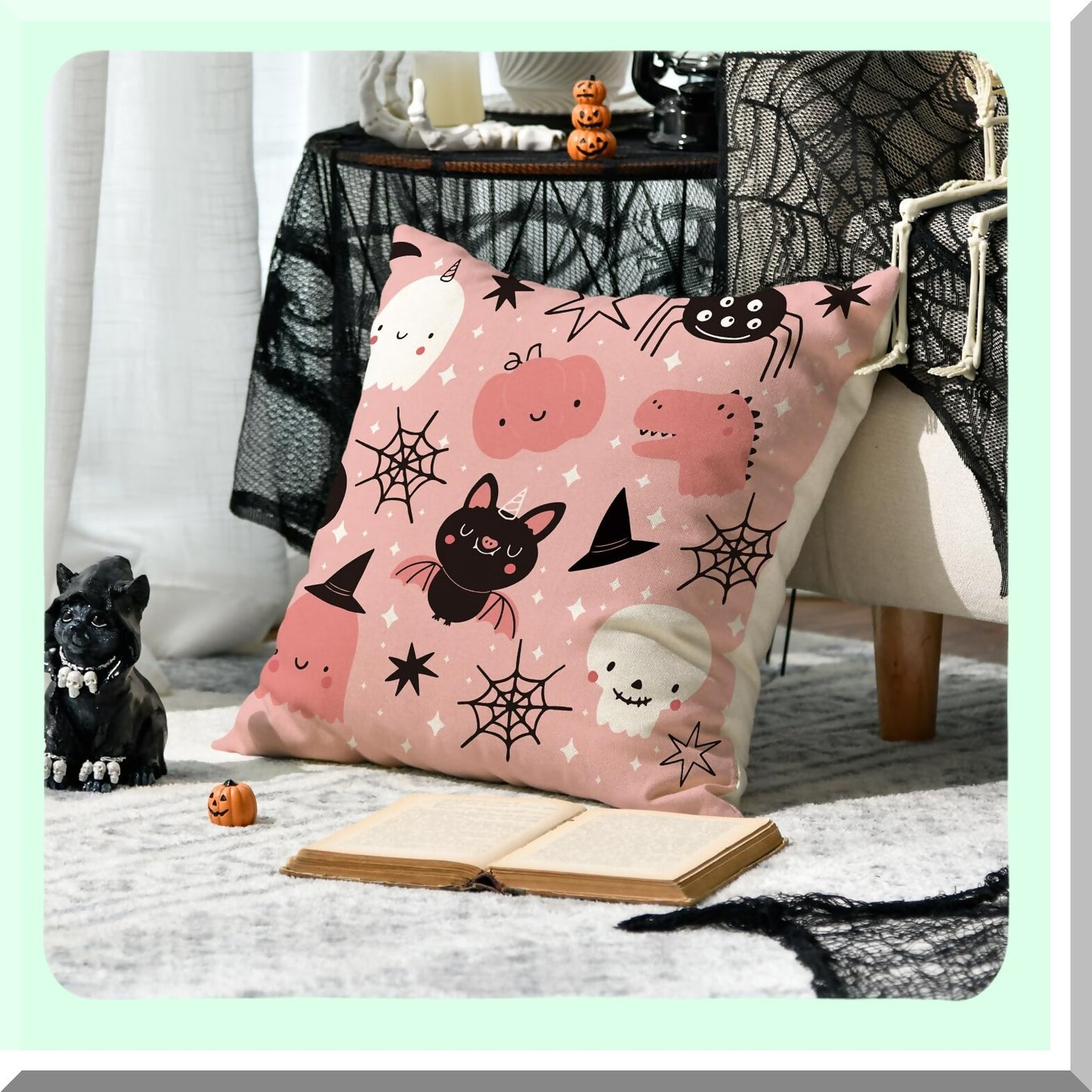 Spooky Chic Halloween Pillow Covers - Set of 4, 18 x 18 Inch Ghost Skeleton Bat Cushion Cases for Sofa, Trick or Treat Pink Throw Pillow Covers