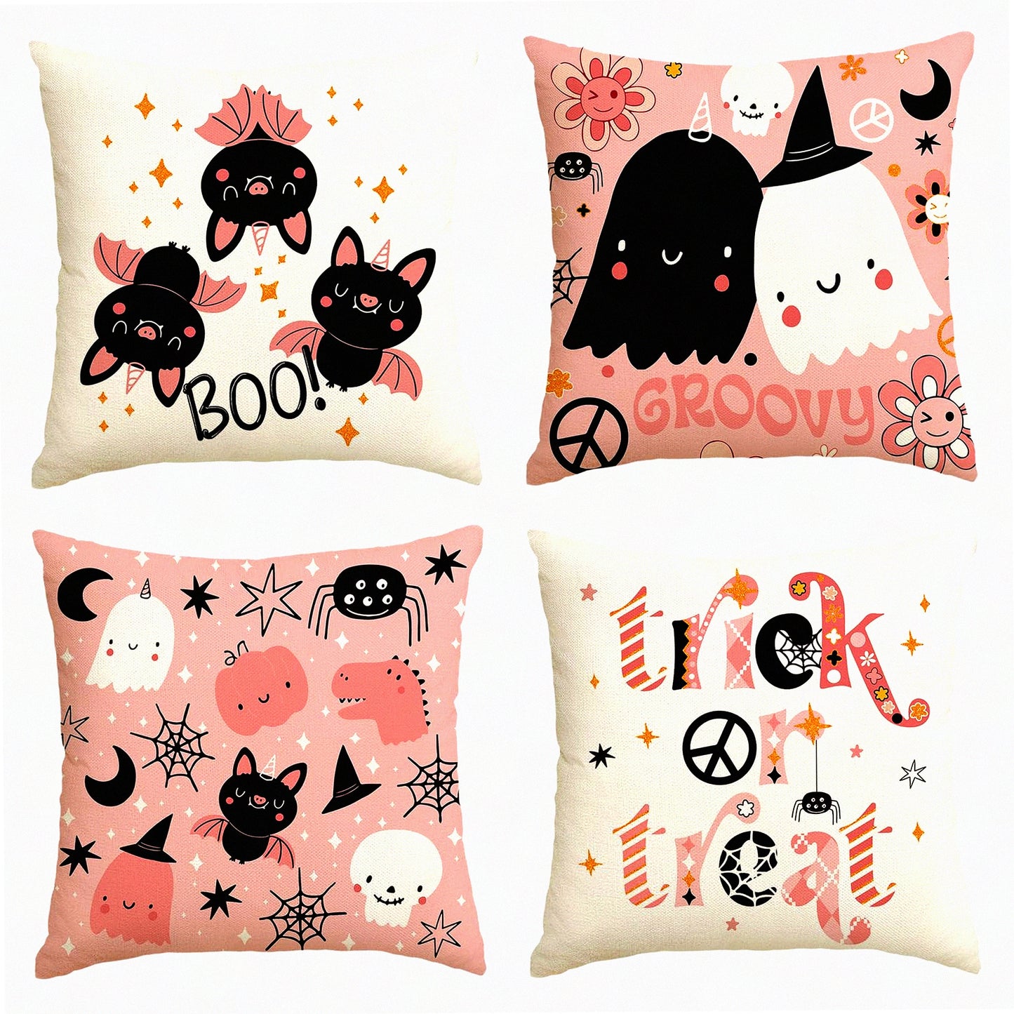 Spooky Chic Halloween Pillow Covers - Set of 4, 18 x 18 Inch Ghost Skeleton Bat Cushion Cases for Sofa, Trick or Treat Pink Throw Pillow Covers