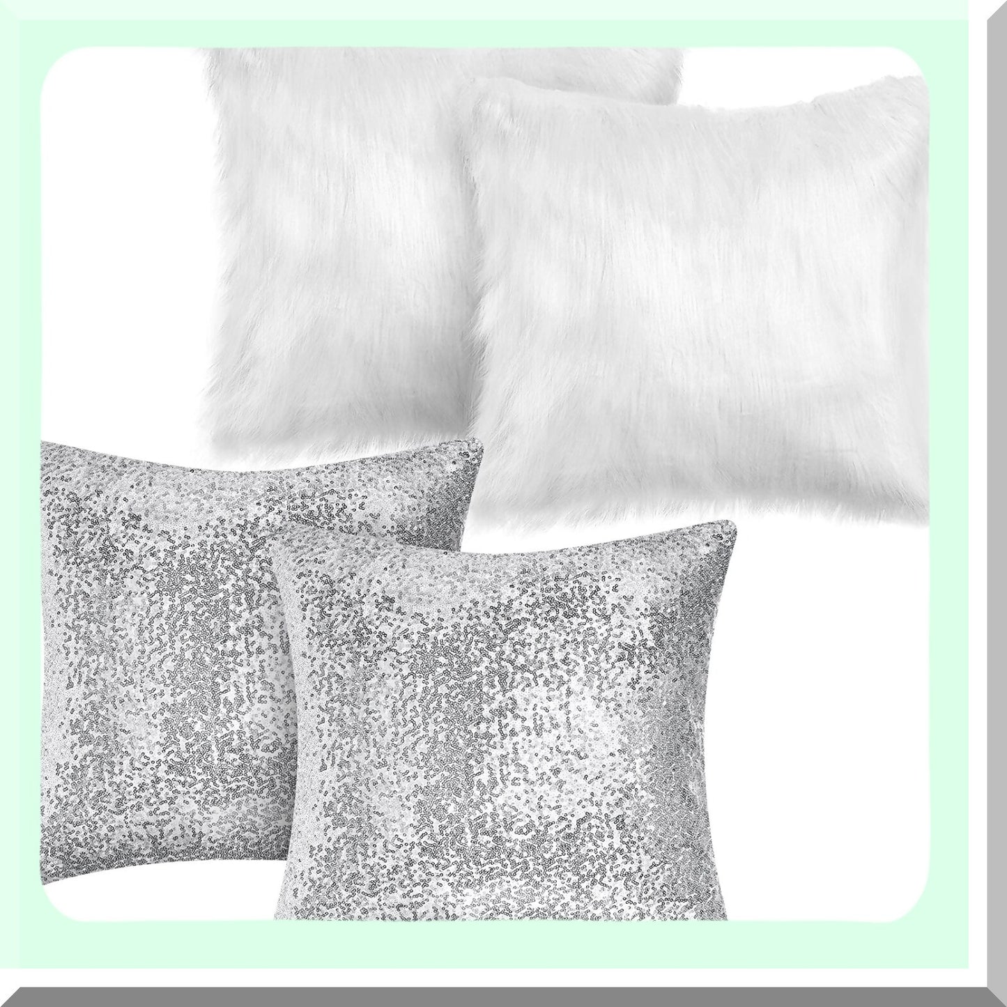 Winter Sparkle Pillowcase Set - Sequin & Fluffy Throw Covers for Couch, Bed, Sofa - Glittery Soft Cushion Cover - 4 Pcs Daytime Decor