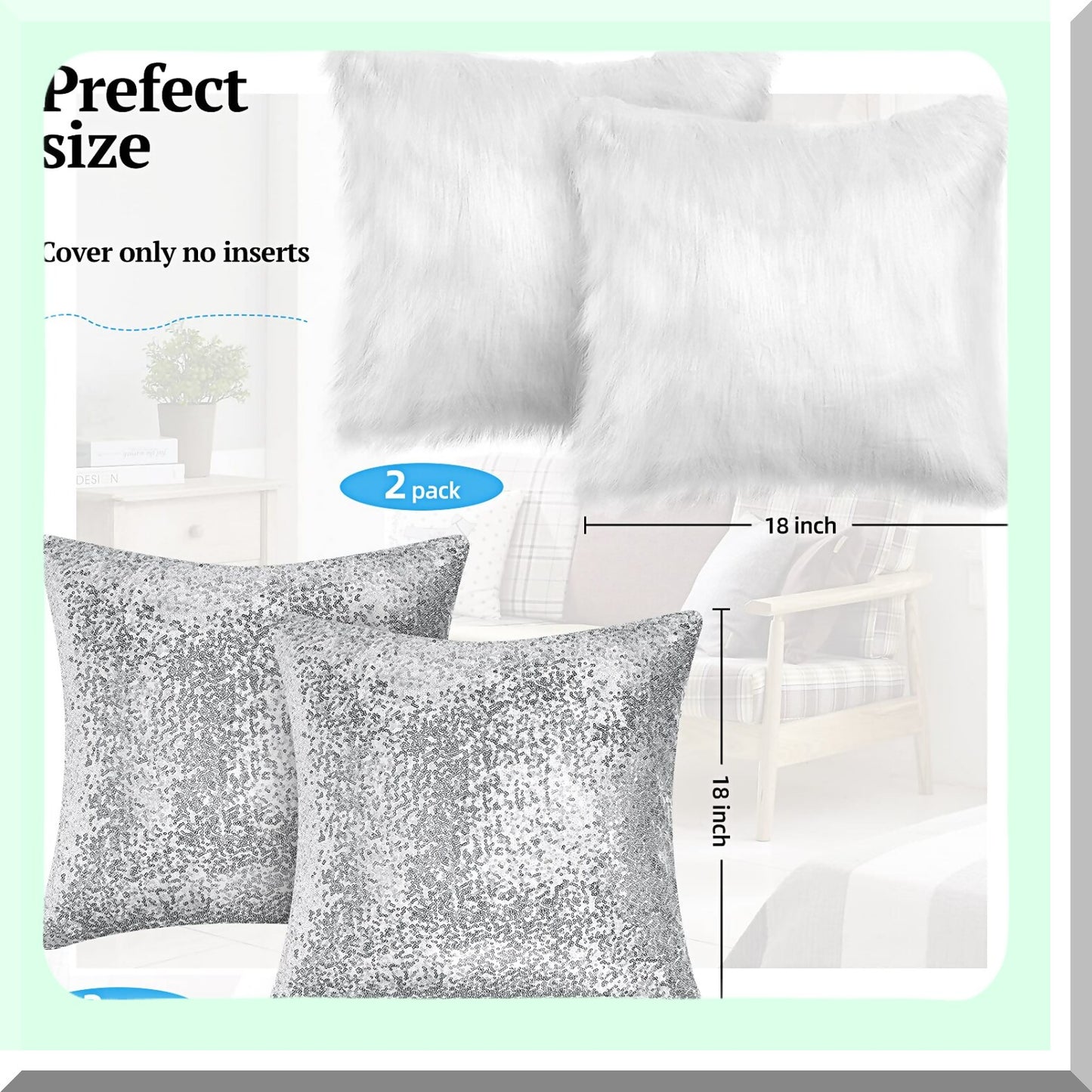 Winter Sparkle Pillowcase Set - Sequin & Fluffy Throw Covers for Couch, Bed, Sofa - Glittery Soft Cushion Cover - 4 Pcs Daytime Decor