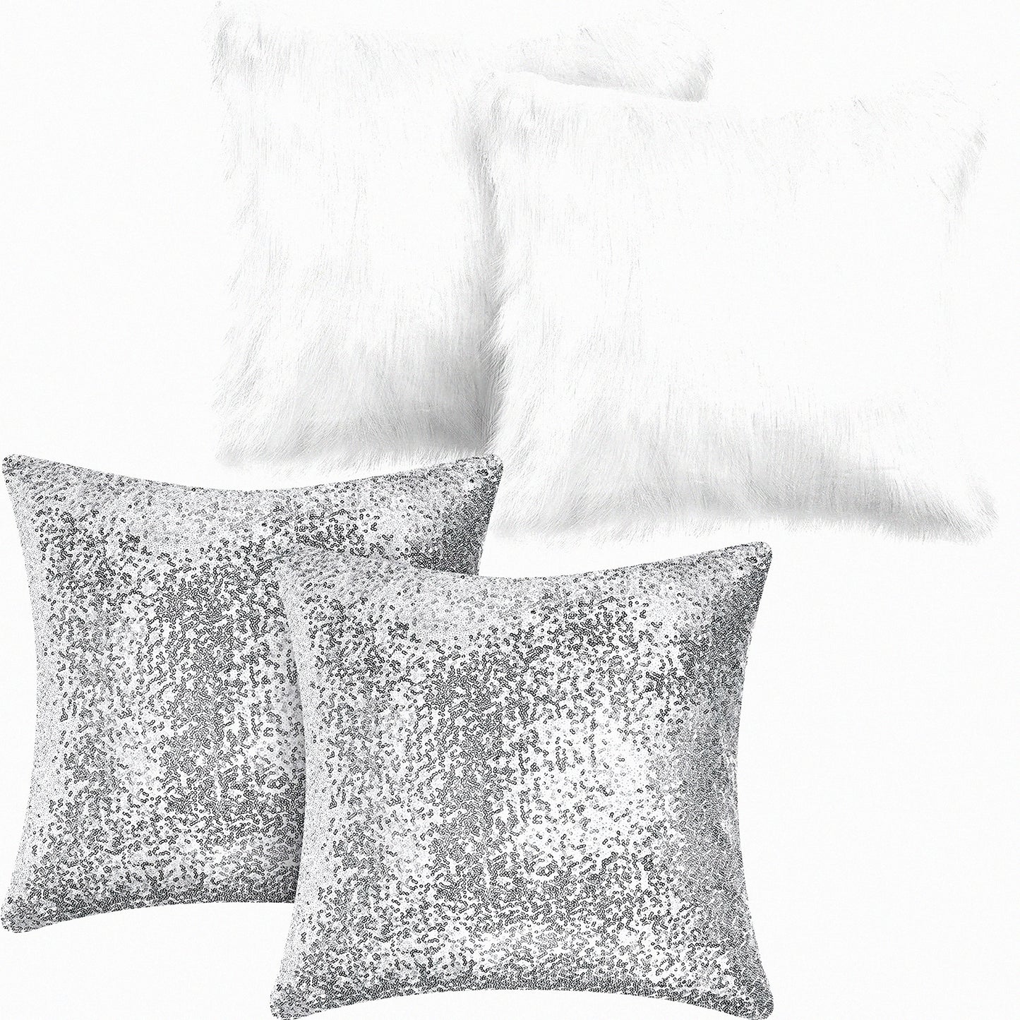 Winter Sparkle Pillowcase Set - Sequin & Fluffy Throw Covers for Couch, Bed, Sofa - Glittery Soft Cushion Cover - 4 Pcs Daytime Decor