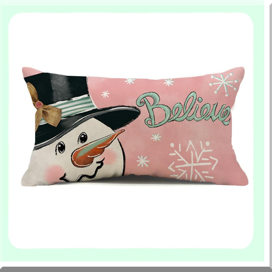 Winter Wonderland Lumbar Pillow Covers - Set of 2 Snowflake Snowman Believe Holiday Decorative Cushion Cases for Sofa Couch - 12x20 Pink Outdoor Pillows
