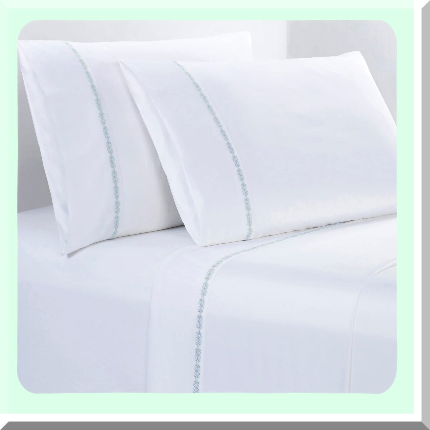 Luxury Laurel 350 Thread Count Hotel Style Cotton Sheet Set - Full Size White with Light Blue Embroidery - 4 Piece Bedding Bundle - Soft & Breathable - Includes Flat Sheet, Fitted Sheet, 2 Pillowcase