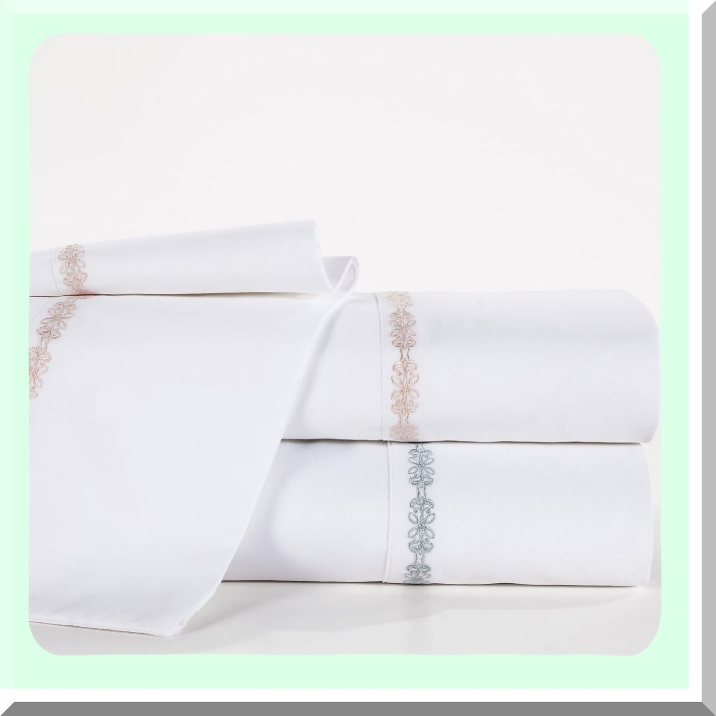 Luxury Laurel 350 Thread Count Hotel Style Cotton Sheet Set - Full Size White with Light Blue Embroidery - 4 Piece Bedding Bundle - Soft & Breathable - Includes Flat Sheet, Fitted Sheet, 2 Pillowcase