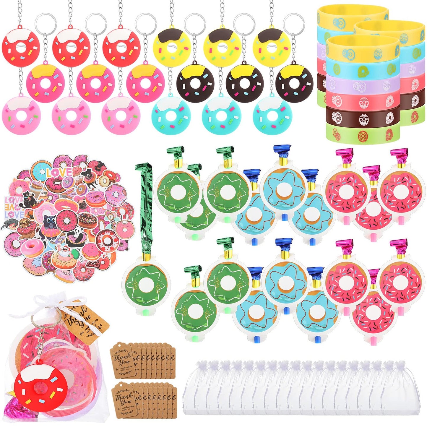 Donut Delight Party Pack - Keychain, Blowers, Stickers, Wristbands, Gift Bags & Tags for Boys & Girls Birthday Celebration - 140 Favors for 18 Kids