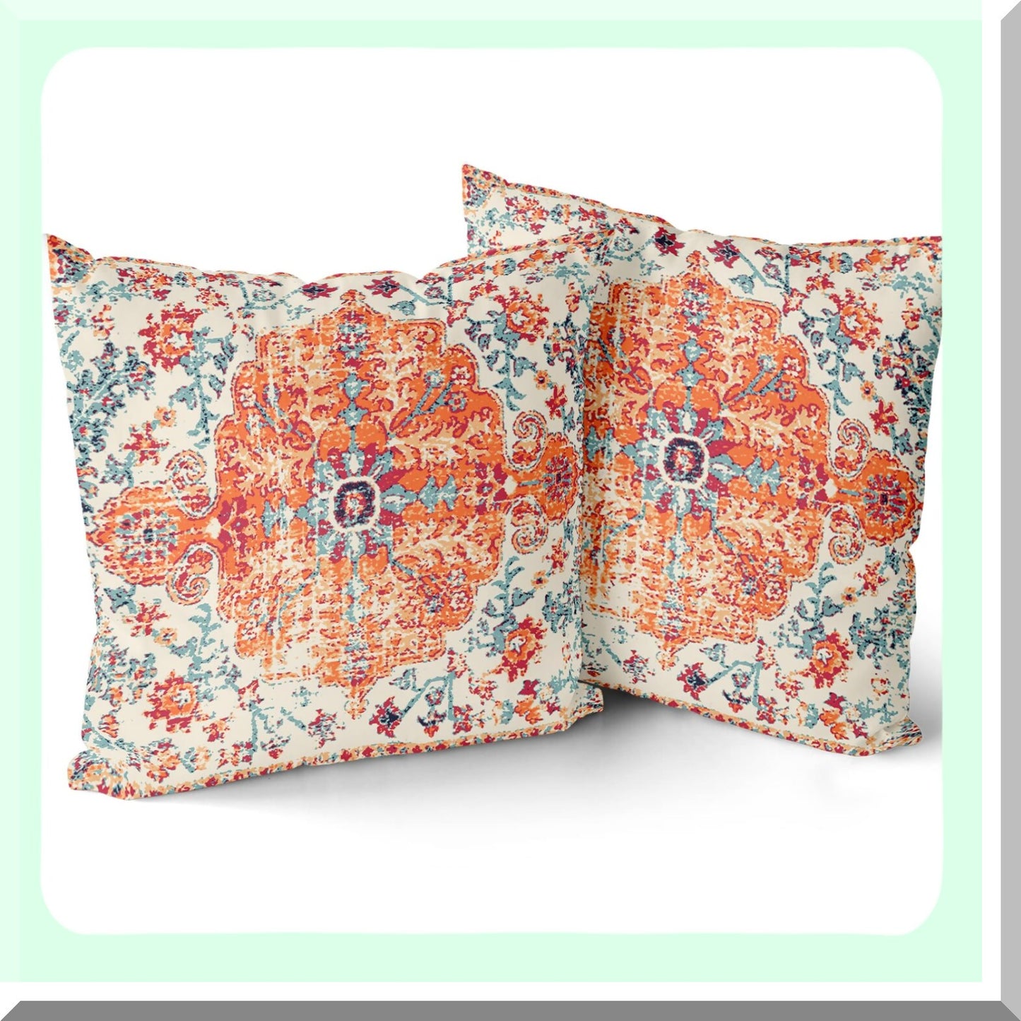 Boho Vintage Floral Pillow Covers Set - Rust Coral Decorative Cushion Cases 18X18 - Ethnic Blue Cotton Zipper Home Decor for Living Room & Bedroom