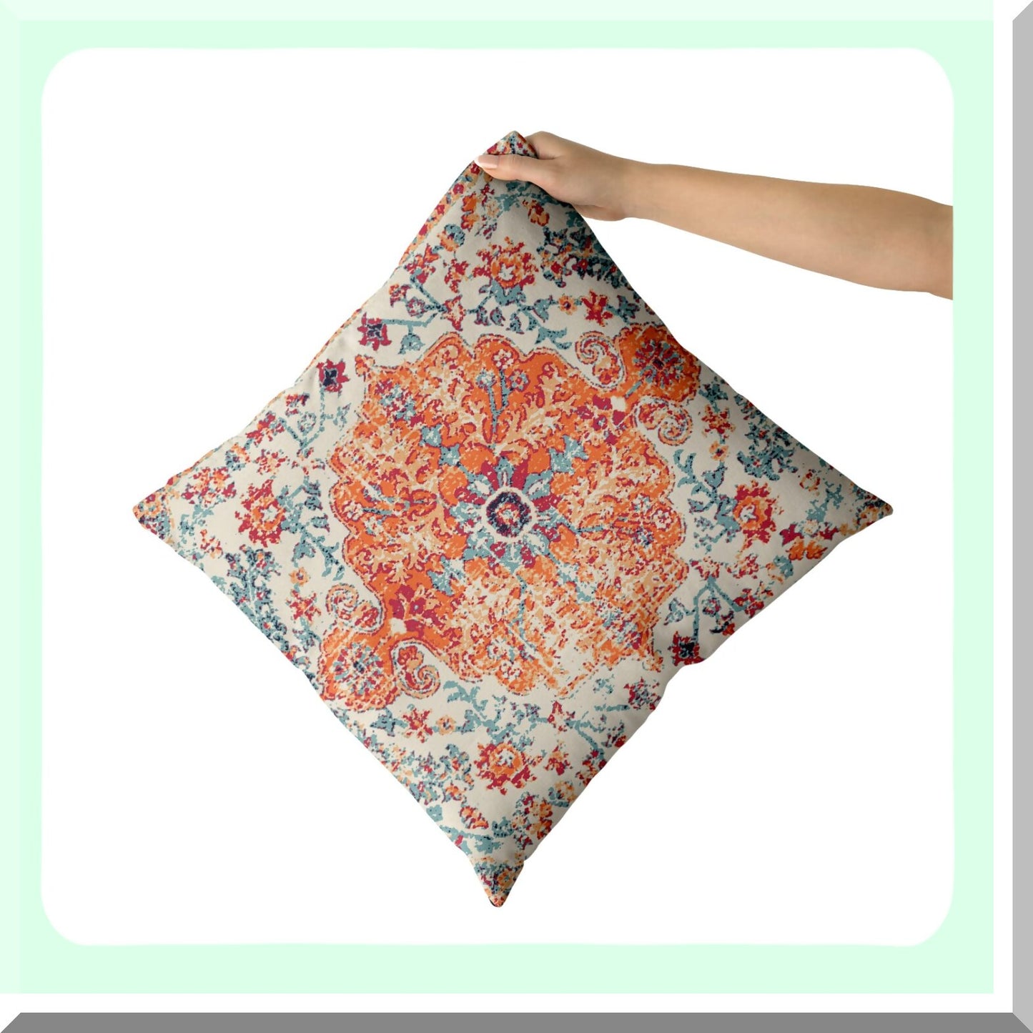 Boho Vintage Floral Pillow Covers Set - Rust Coral Decorative Cushion Cases 18X18 - Ethnic Blue Cotton Zipper Home Decor for Living Room & Bedroom