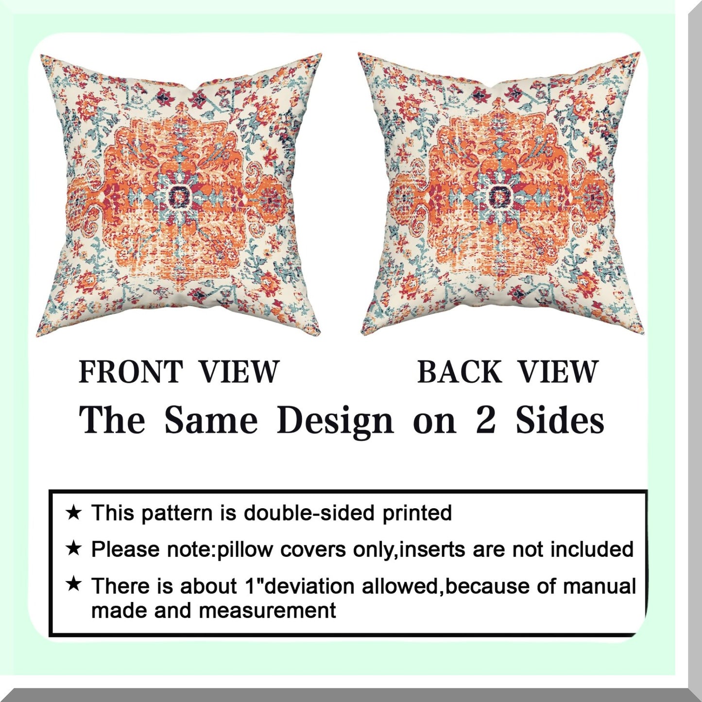 Boho Vintage Floral Pillow Covers Set - Rust Coral Decorative Cushion Cases 18X18 - Ethnic Blue Cotton Zipper Home Decor for Living Room & Bedroom