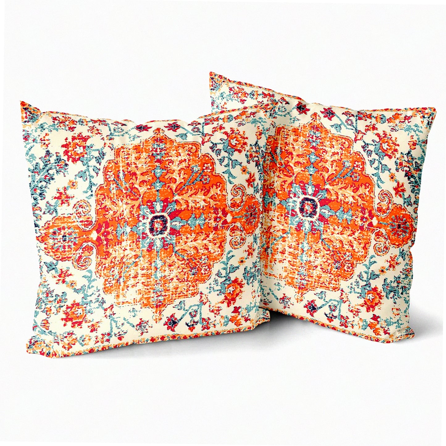 Boho Vintage Floral Pillow Covers Set - Rust Coral Decorative Cushion Cases 18X18 - Ethnic Blue Cotton Zipper Home Decor for Living Room & Bedroom