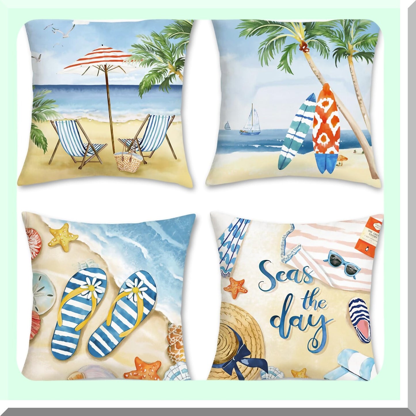 Starfish Surf Summer Pillow Covers - Set of 4 | Beach Palm Tree Seaside Decorative Cushion Cases 18x18 | Soft Velvet Throw Pillows for Couch Sofa Bed Home Decor