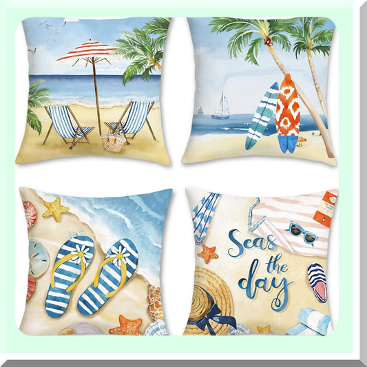 Starfish Surf Summer Pillow Covers - Set of 4 | Beach Palm Tree Seaside Decorative Cushion Cases 18x18 | Soft Velvet Throw Pillows for Couch Sofa Bed Home Decor