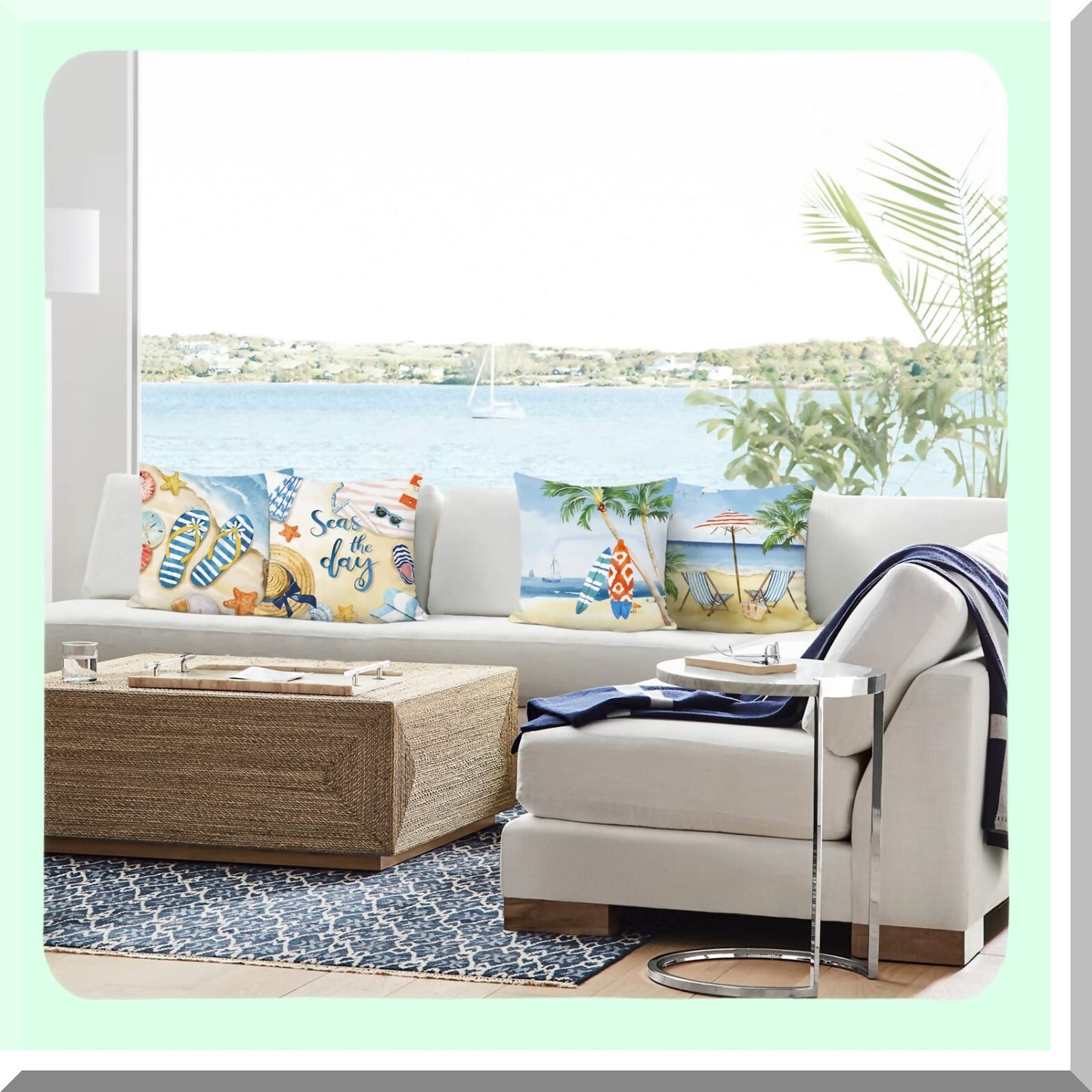 Starfish Surf Summer Pillow Covers - Set of 4 | Beach Palm Tree Seaside Decorative Cushion Cases 18x18 | Soft Velvet Throw Pillows for Couch Sofa Bed Home Decor