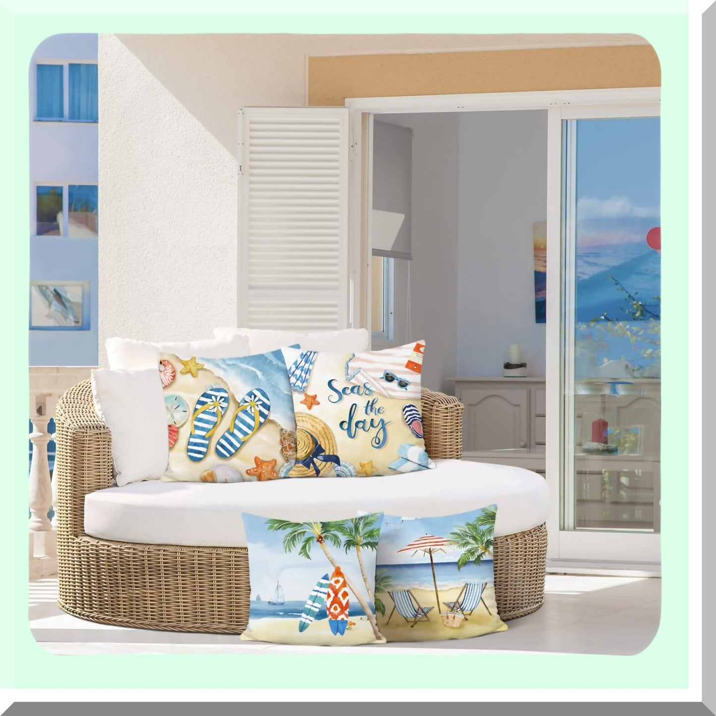 Starfish Surf Summer Pillow Covers - Set of 4 | Beach Palm Tree Seaside Decorative Cushion Cases 18x18 | Soft Velvet Throw Pillows for Couch Sofa Bed Home Decor