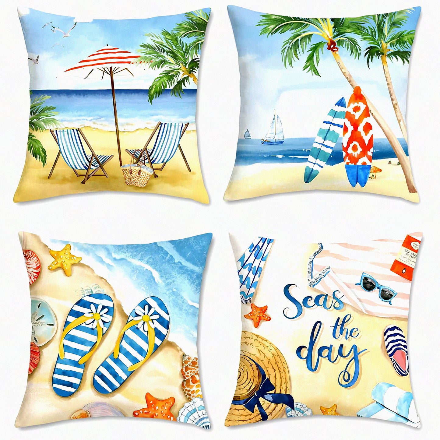 Starfish Surf Summer Pillow Covers - Set of 4 | Beach Palm Tree Seaside Decorative Cushion Cases 18x18 | Soft Velvet Throw Pillows for Couch Sofa Bed Home Decor