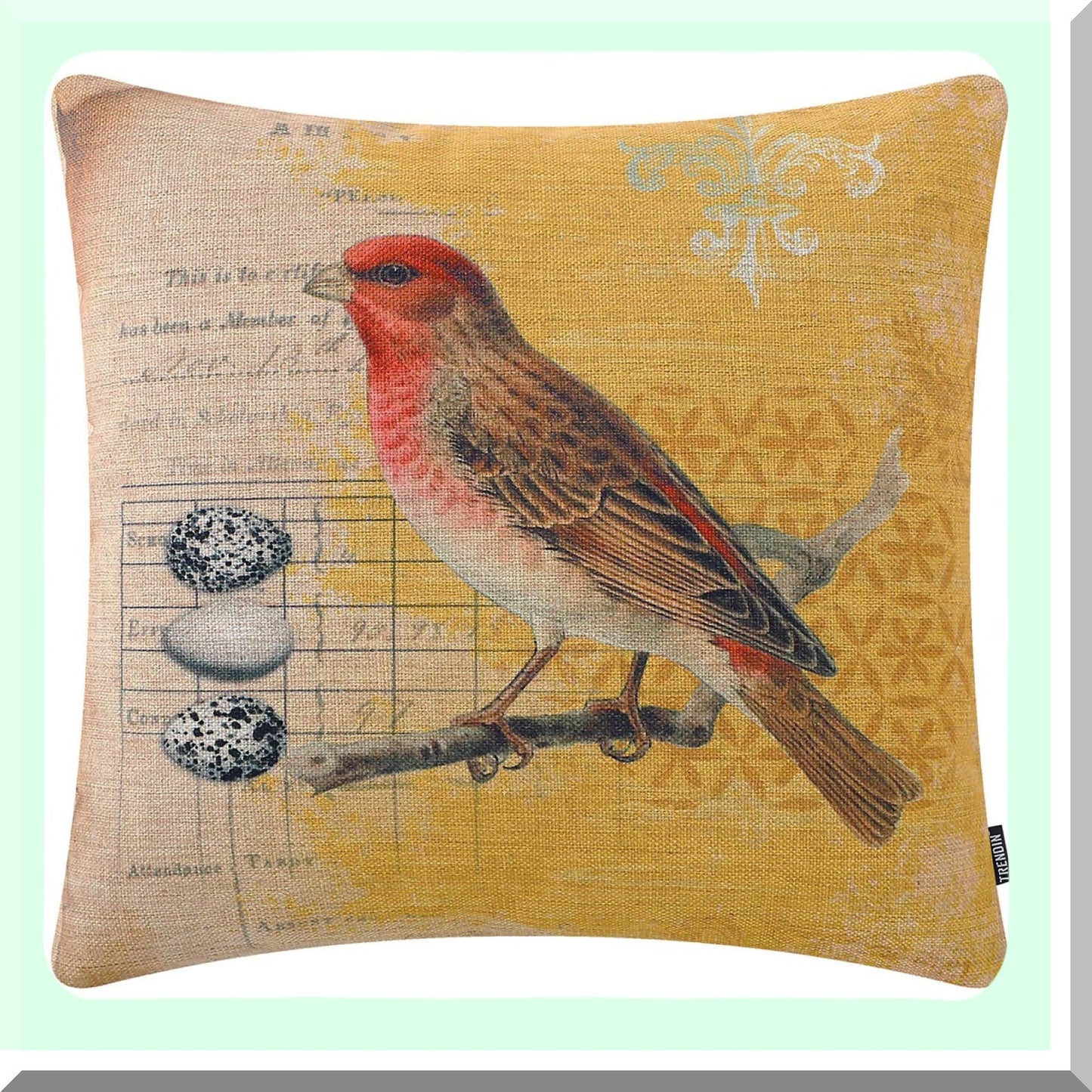 Forest Bird Branch Accent Pillowcase - Cute Wildlife Egg Decorative Cushion Cover for Sofa Couch - Red Yellow Throw Pillow Case 18x18 Inches
