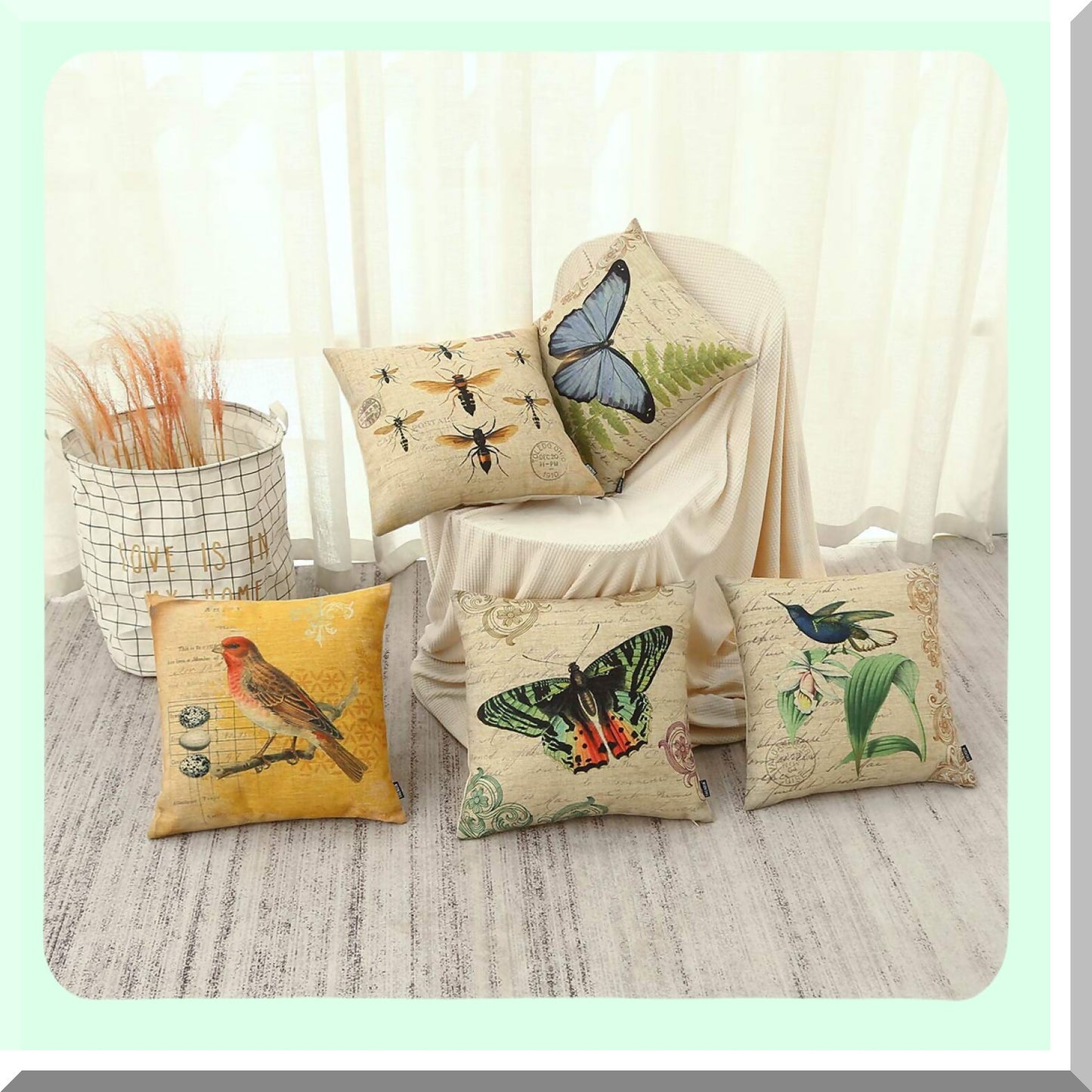 Forest Bird Branch Accent Pillowcase - Cute Wildlife Egg Decorative Cushion Cover for Sofa Couch - Red Yellow Throw Pillow Case 18x18 Inches