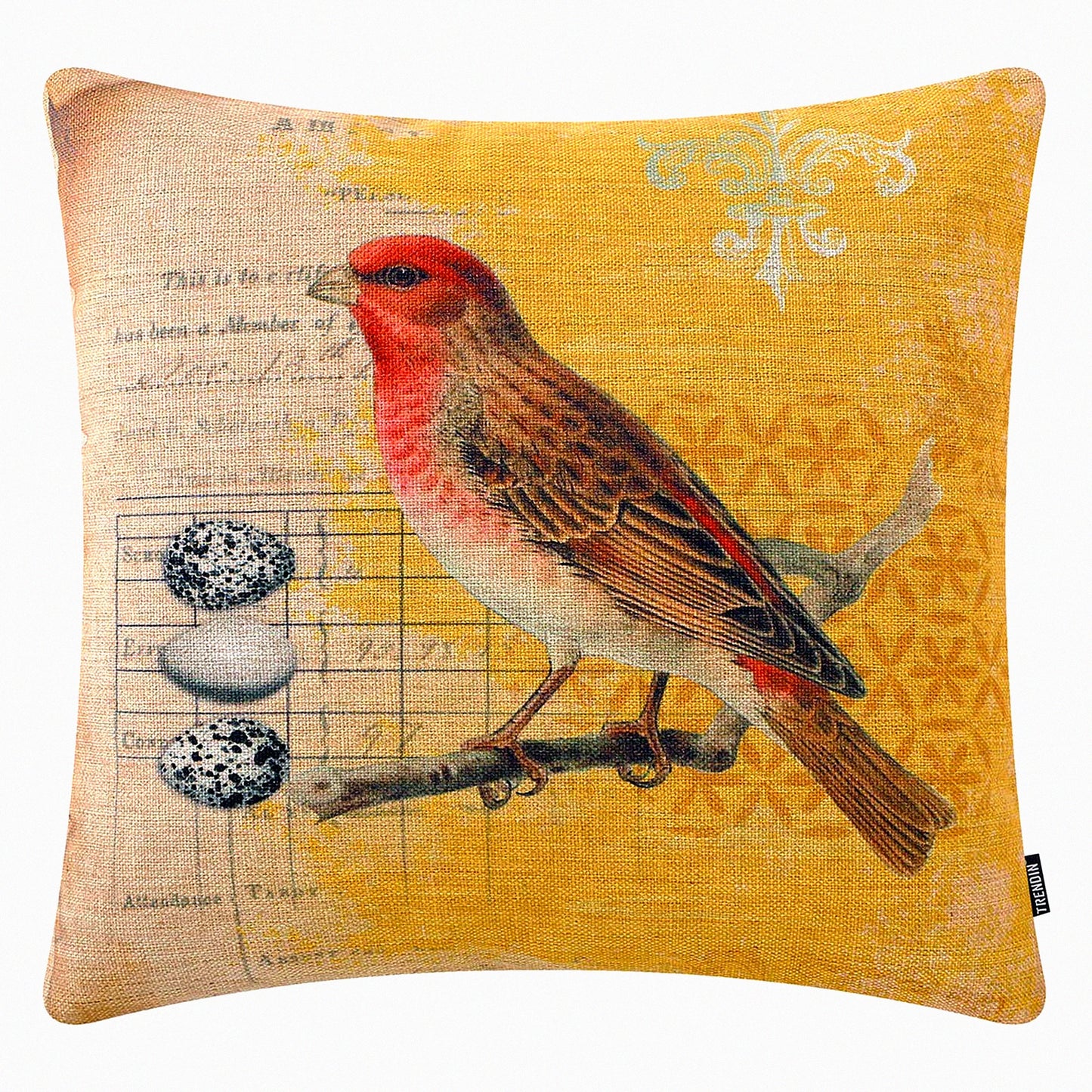 Forest Bird Branch Accent Pillowcase - Cute Wildlife Egg Decorative Cushion Cover for Sofa Couch - Red Yellow Throw Pillow Case 18x18 Inches