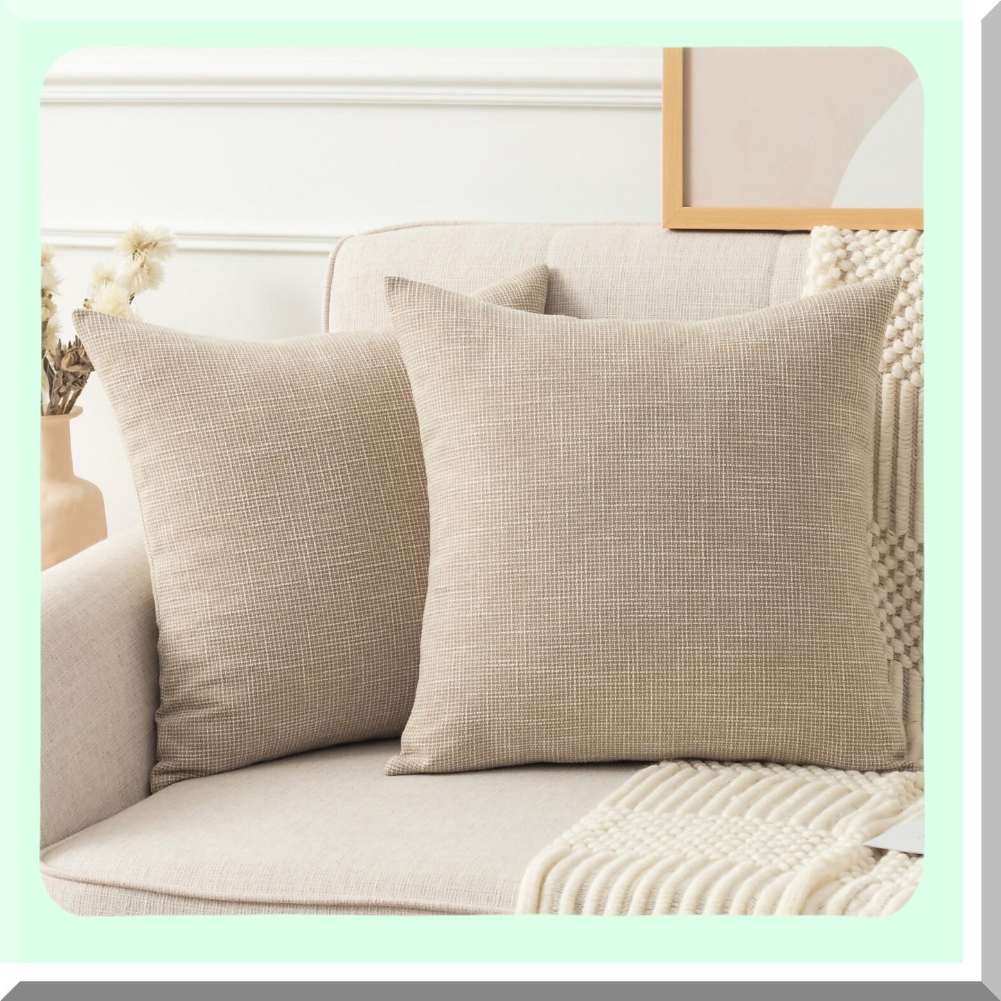 Spring Farmhouse Linen Pillow Covers - Set of 2 Decorative Throw Pillowcases for Sofa Couch Bed Garden - 24x24 Inch Beige - Woven Texture