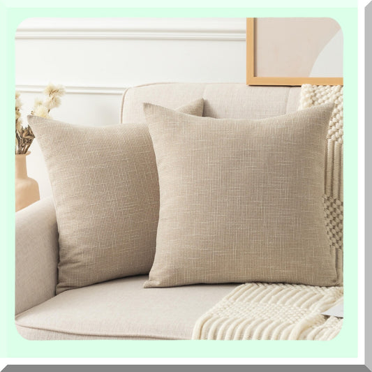 Spring Farmhouse Linen Pillow Covers - Set of 2 Decorative Throw Pillowcases for Sofa Couch Bed Garden - 24x24 Inch Beige - Woven Texture