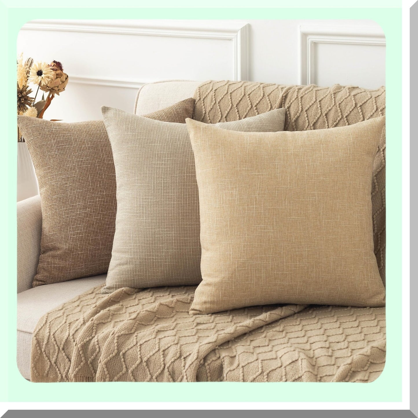 Spring Farmhouse Linen Pillow Covers - Set of 2 Decorative Throw Pillowcases for Sofa Couch Bed Garden - 24x24 Inch Beige - Woven Texture